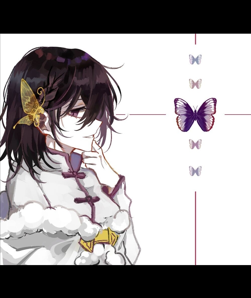 1girl, black_hair, bug, bungou_stray_dogs, butterfly, butterfly_hair_ornament, chinese_commentary, commentary_request
