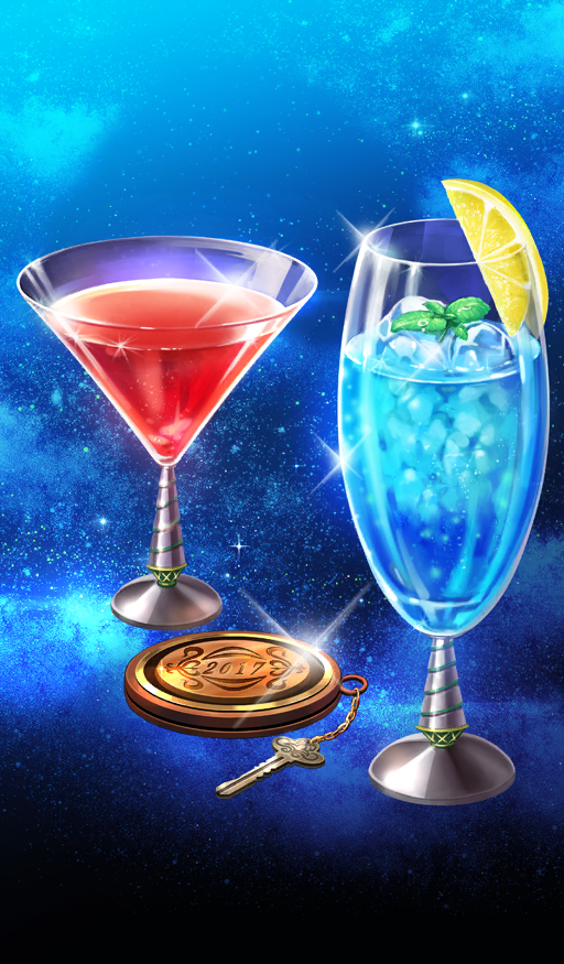 blue_background, blue_theme, caladbolg_(fate), champagne_flute, chocolate_lady_no_karasawagi, cocktail, cocktail_glass, commentary