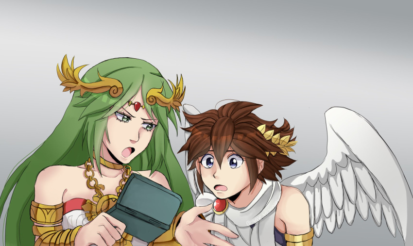 1boy, 1girl, 3ds, ame_to_kusari, angel, angel_wings, brown_hair, chain