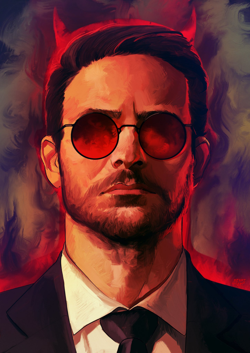 1boy, aura, black_necktie, blind, daredevil_(netflix), glasses, heyuzuriart, highres