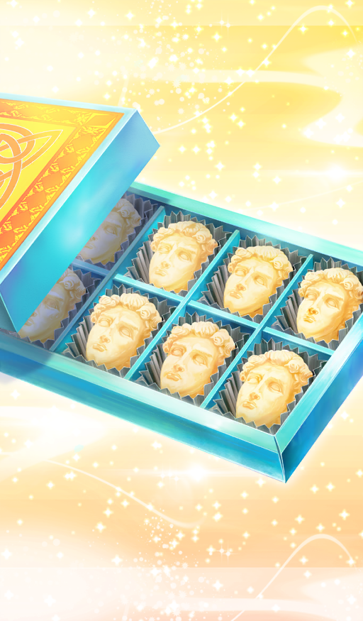 box, box_of_chocolates, chocolate, chocolate_lady_no_karasawagi, commentary, david_(michelangelo), fate/grand_order, fate_(series), food, food_art, food_focus, lasengle, no_humans, official_art, sparkle, third-party_source, white_chocolate, yellow_background