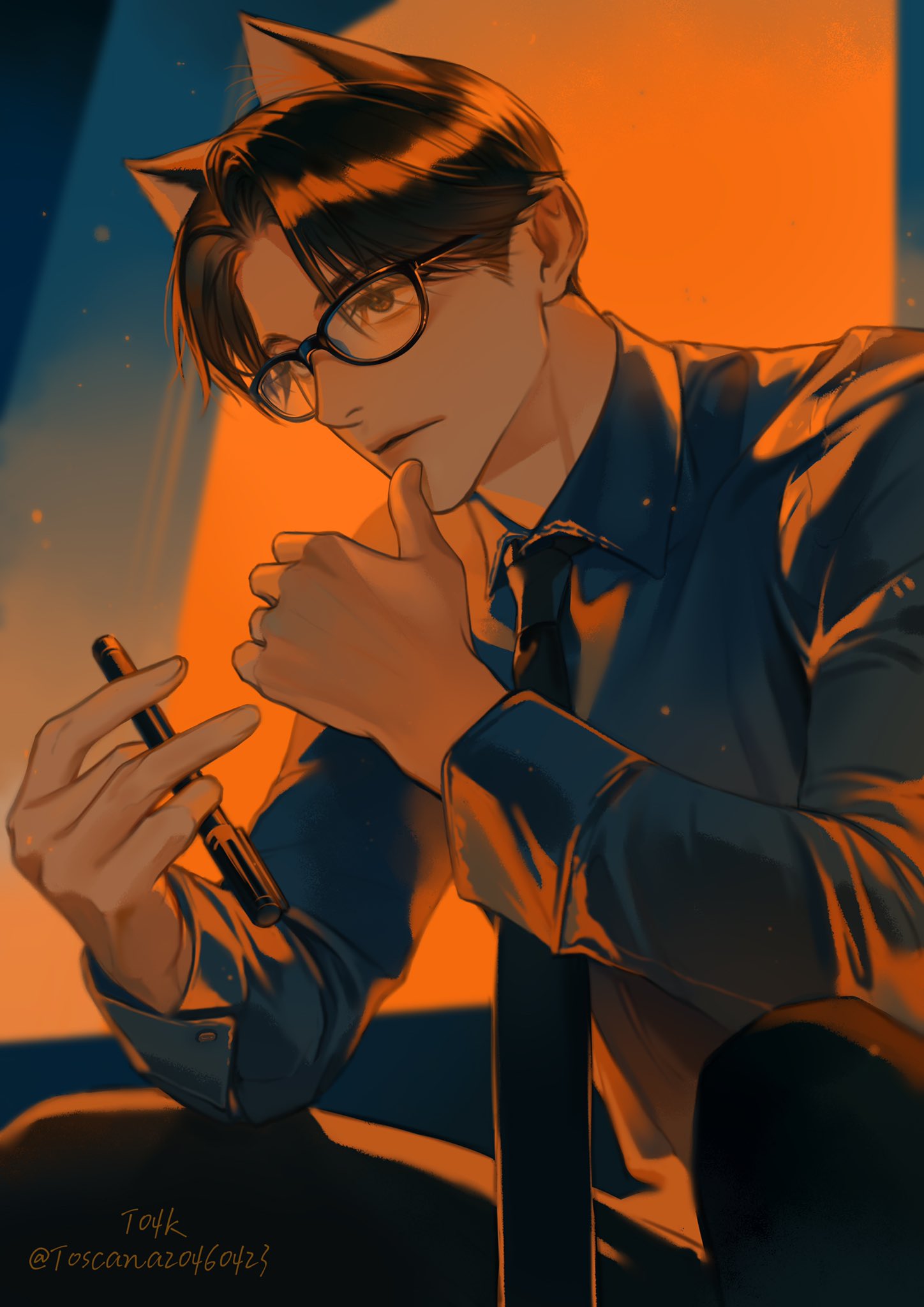 1boy, animal_ears, artist_name, black-framed_eyewear, black_eyes, black_hair, black_necktie, black_pants
