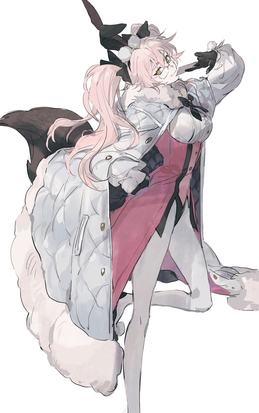 1girl, absurdres, animal_ears, black_gloves, breasts, brown_eyes, cape, card, closed_mouth, fake_animal_ears, fate/grand_order, fate_(series), fox_tail, fur-trimmed_cape, fur_collar, fur_trim, glasses, gloves, hair_between_eyes, hand_on_own_hip, highres, holding, holding_card, koyanskaya_(assassin)_(second_ascension)_(fate), koyanskaya_(fate), long_hair, long_sleeves, looking_at_viewer, medium_breasts, mimulishizi, pantyhose, pink_hair, rabbit_ears, simple_background, smile, solo, standing, standing_on_one_leg, tail, tamamo_(fate), twintails, very_long_hair, white_background, white_cape, white_pantyhose, white_sleeves