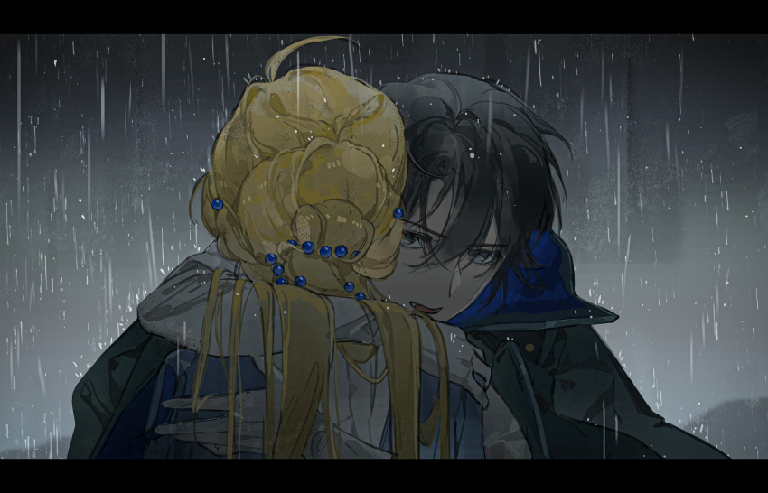 1boy, 1girl, ahoge, ash_echoes, beads, black_hair, blonde_hair, blue_eyes