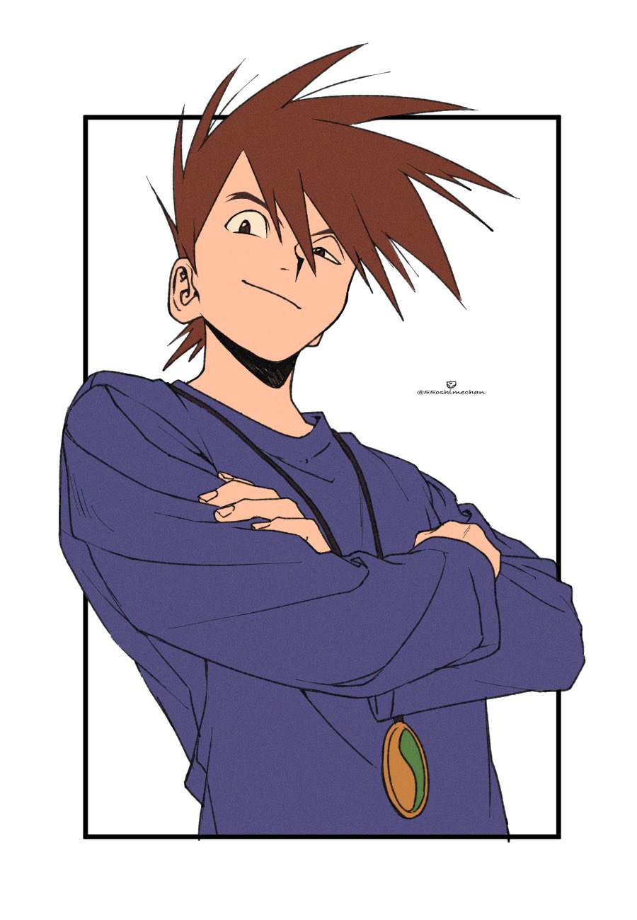 1boy, 55oshimechan, blue_oak, border, brown_eyes, brown_hair, closed_mouth, commentary_request, crossed_arms, half-closed_eye, highres, jewelry, long_sleeves, looking_down, male_focus, necklace, outside_border, pokemon, pokemon_rgby, shirt, short_hair, smile, solo, spiky_hair, twitter_username, upper_body, white_border
