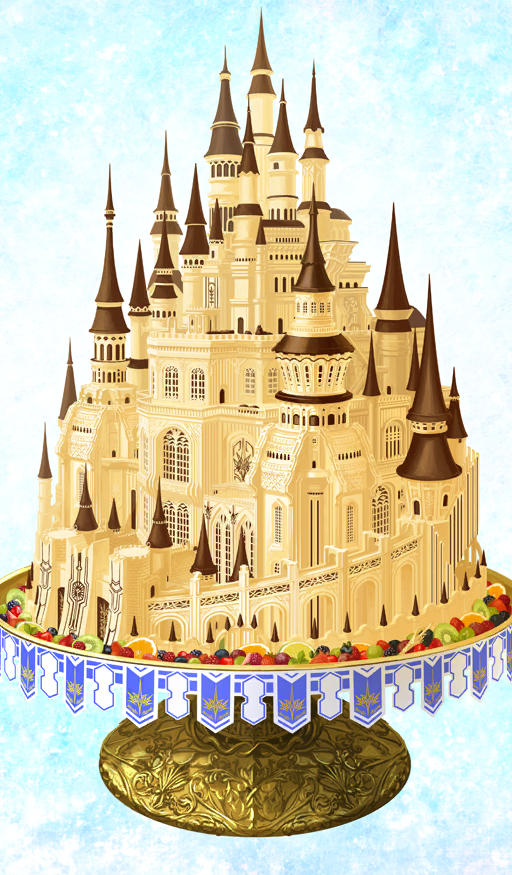 akitaken_(non_faciem), blue_background, cake, cake_stand, castle, chocolate, chocolate_lady_no_karasawagi, commentary