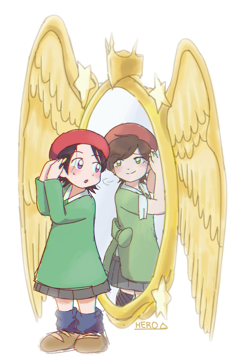 adeleine, adjusting_hair, ado_(kirby), beret, black_hair, brown_hair, brown_shoes, green_sweater, hat, highres, kaze_n0_takuto, kirby's_dream_land_3, kirby_(series), kirby_64, looking_at_mirror, mirror, red_hat, shoes, signature, standing, star_(symbol), sweater