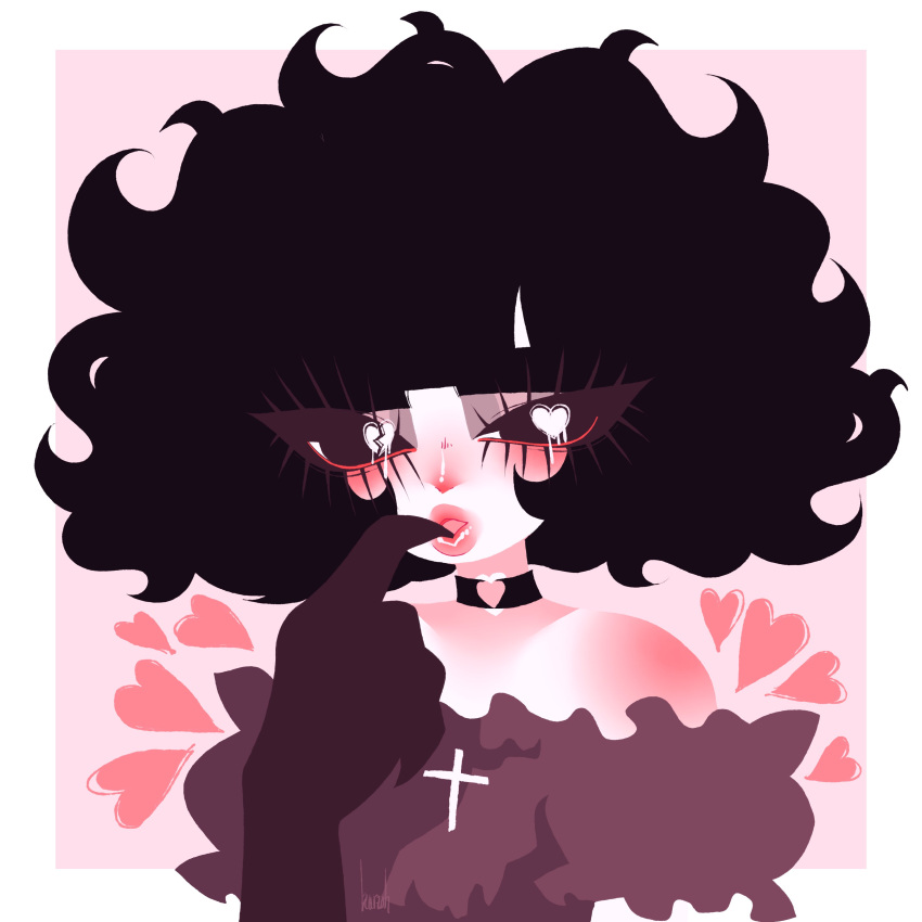 absurdres, ash_kinoshita, black_hair, blush, choker, cross, dreamalgia, eyelashes, fluffy_hair, heart, heart-shaped_pupils, highres, no_lineart, off-shoulder_shirt, off_shoulder, original, pale_skin, shiny_lips, shirt, symbol-shaped_pupils, thick_lips