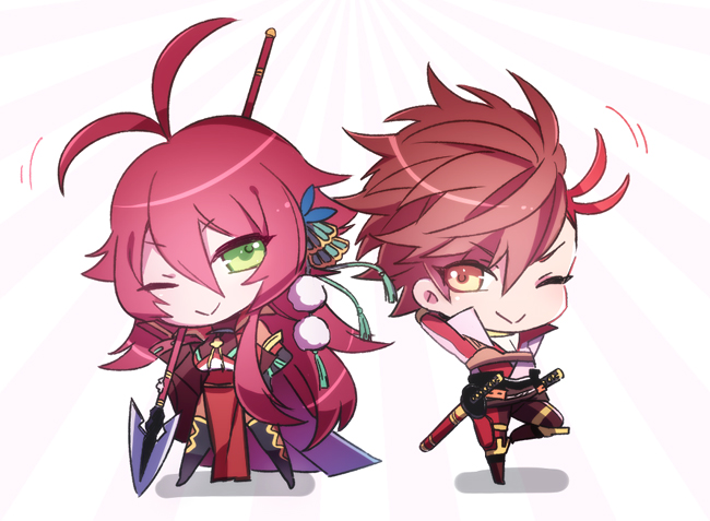 1boy, 1girl, :>, arms_behind_head, brown_hair, chibi, chibi_only, crossover, green_eyes, hair_between_eyes, historical_name_connection, holding, holding_polearm, holding_weapon, kkkaaaayyy, leg_up, long_hair, looking_at_viewer, multicolored_hair, name_connection, one_eye_closed, polearm, red_hair, sengoku_basara, sengoku_bushouki_muramasa, shima_sakon_(sengoku_basara), shima_sakon_(sengoku_bushouki_muramasa), short_hair, simple_background, spear, standing, standing_on_one_leg, two-tone_hair, weapon, white_background, yellow_eyes