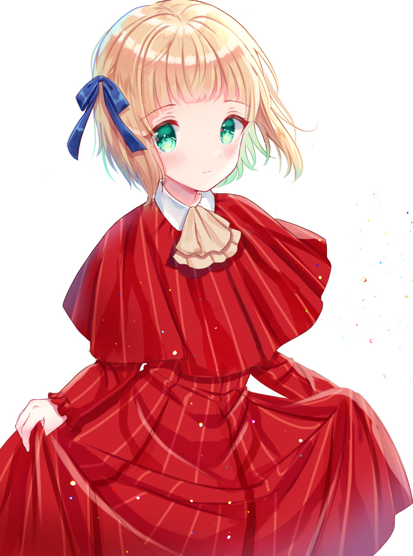 1girl, axis_powers_hetalia, blonde_hair, blush, bow, dress, green_eyes, hair_bow