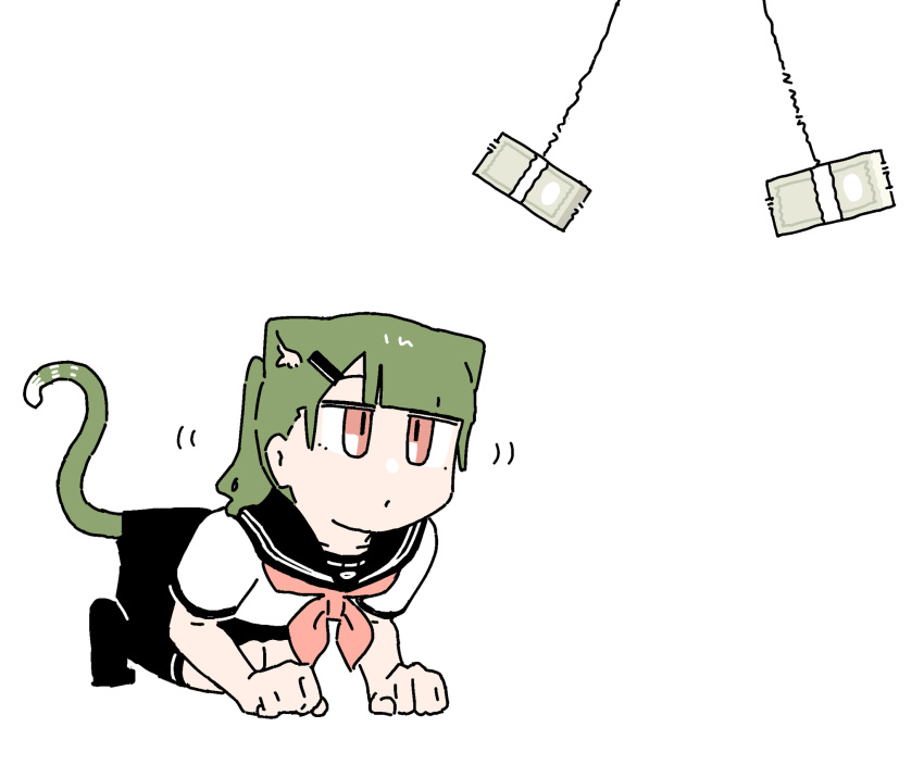all_fours, animal_ears, banknote, black_socks, cat_ears, cat_girl, cat_tail, expressionless, green_hair, hair_ornament, highres, kneehighs, money, original, rag-chan, ragcats, red_eyes, rid0922, school_uniform, serafuku, simple_background, socks, tail, tiptoes