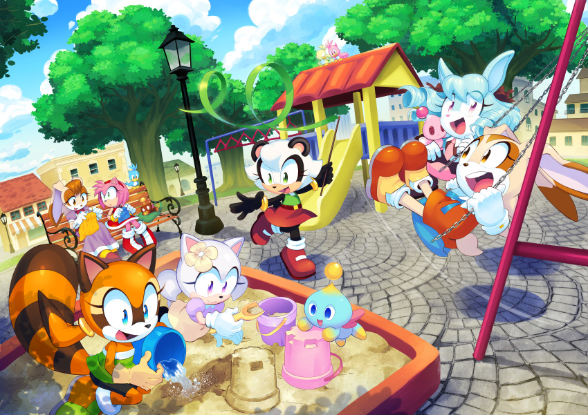 6+girls, absurdres, amy_rose, animal_ears, anya_the_rabbit, aura_the_hedgehog, bench, bird