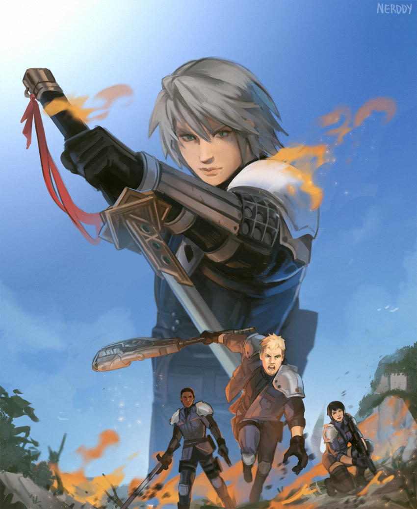 1girl, 3boys, arm_armor, armor, black_hair, blonde_hair, blue_sky, brown_hair