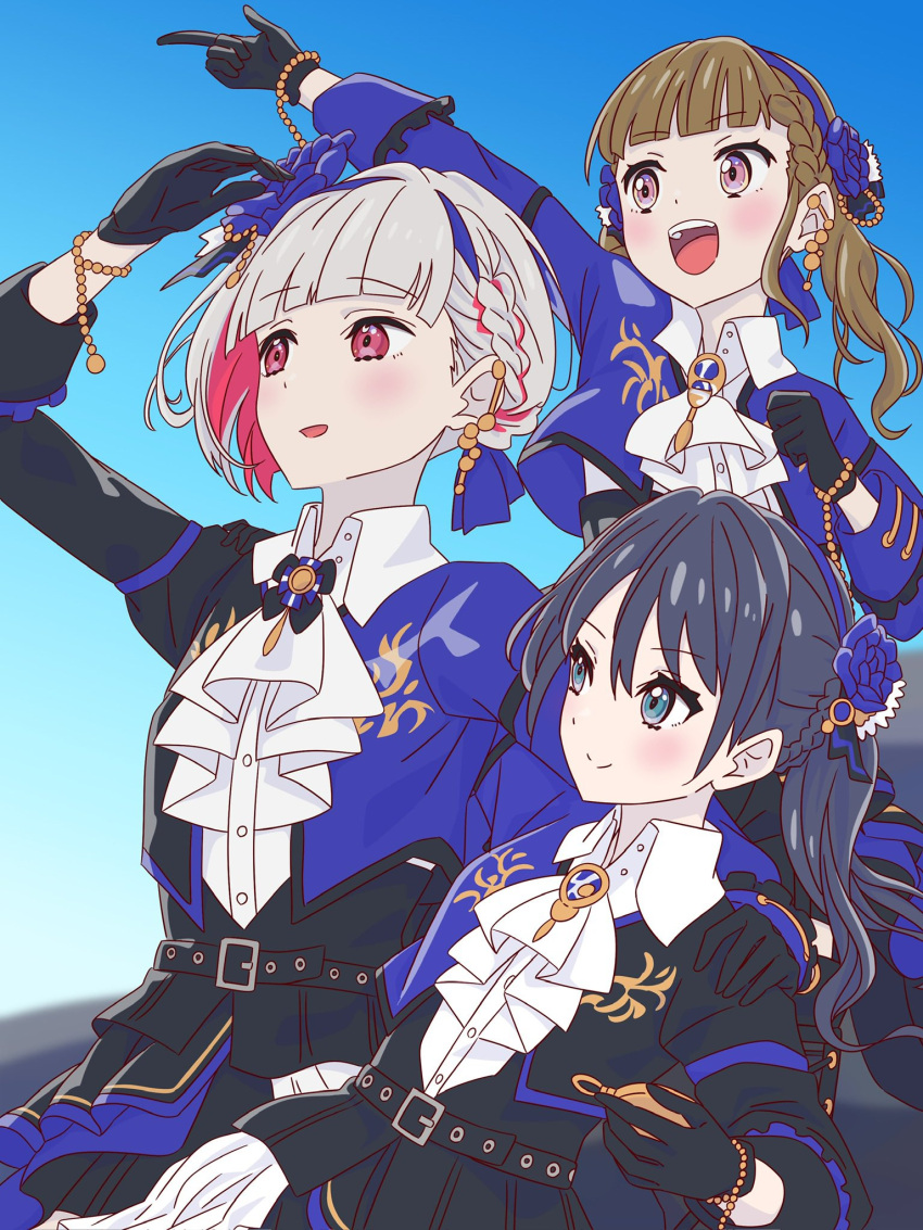 3girls, :d, arm_up, ascot, black_gloves, black_jacket, blue_eyes, blue_hair
