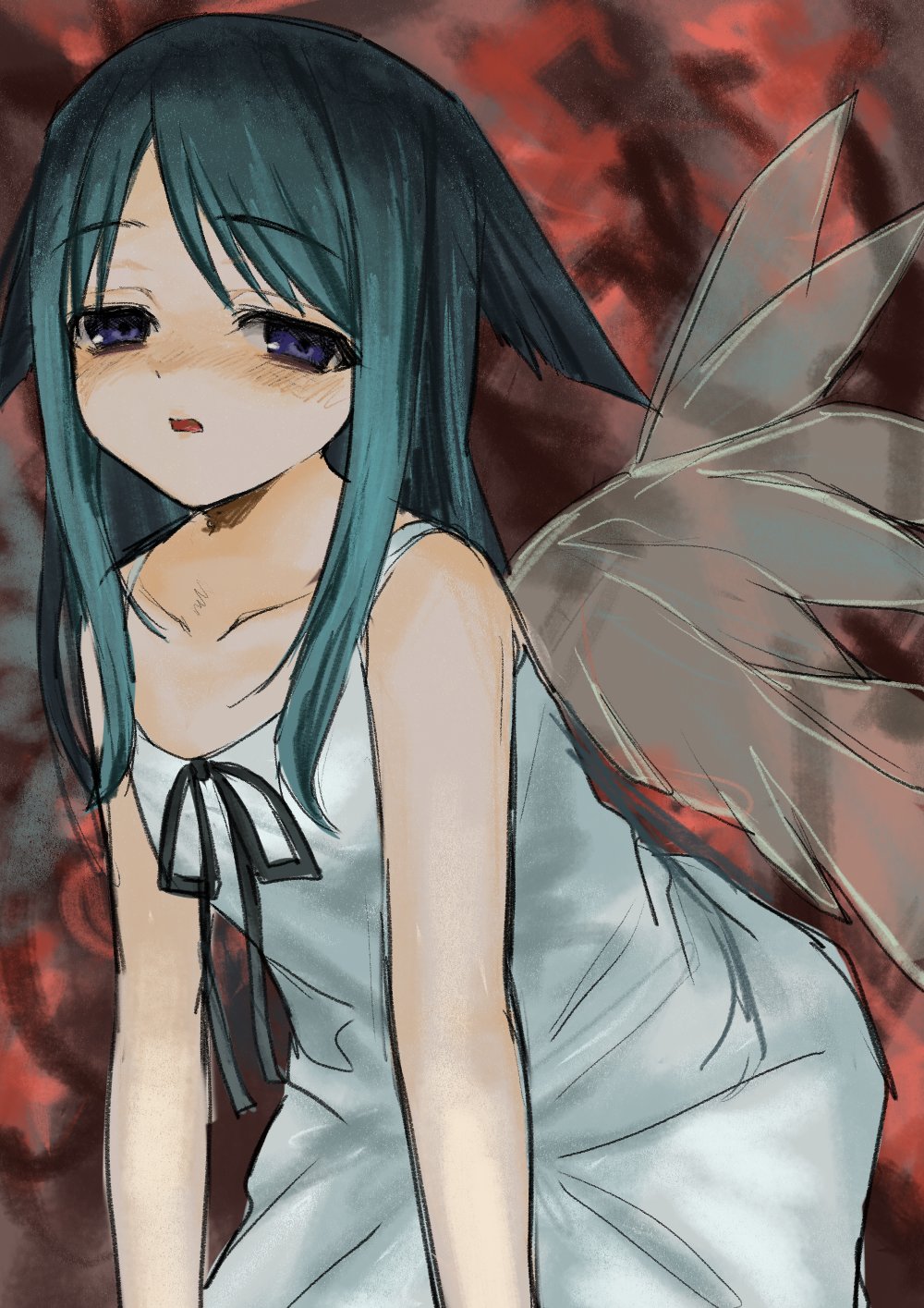 1girl, akuyaku_teddy, bare_shoulders, blue_eyes, blush, dress, green_hair, green_wings