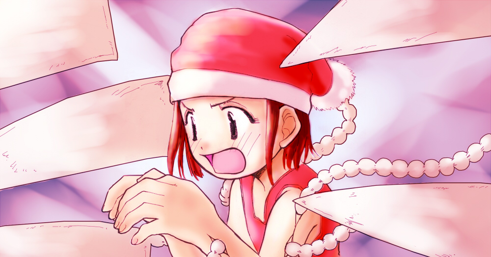 1girl, blush, brown_hair, fur-trimmed_headwear, fur_trim, hands_up, hat, leotard