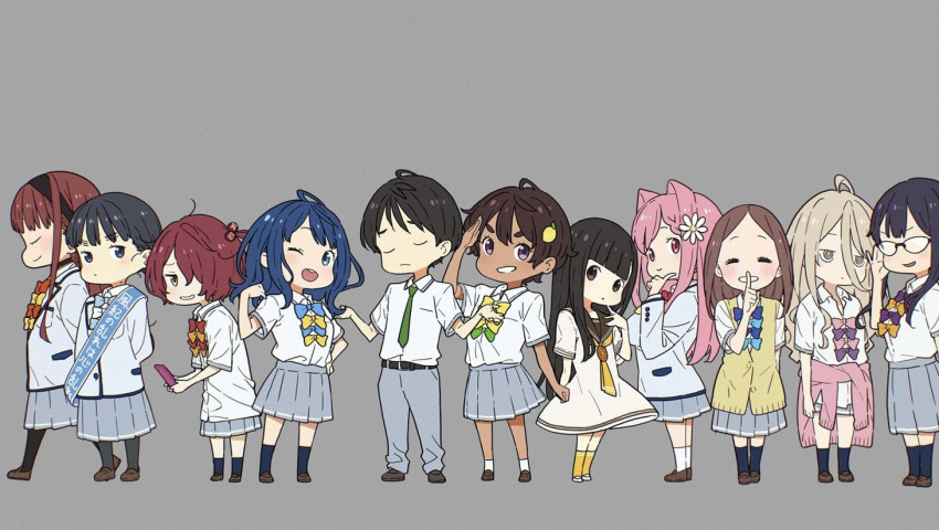 1boy, 6+girls, ahoge, asagumo_chihaya, basori_tiara, blonde_hair, blue_bow, blue_bowtie