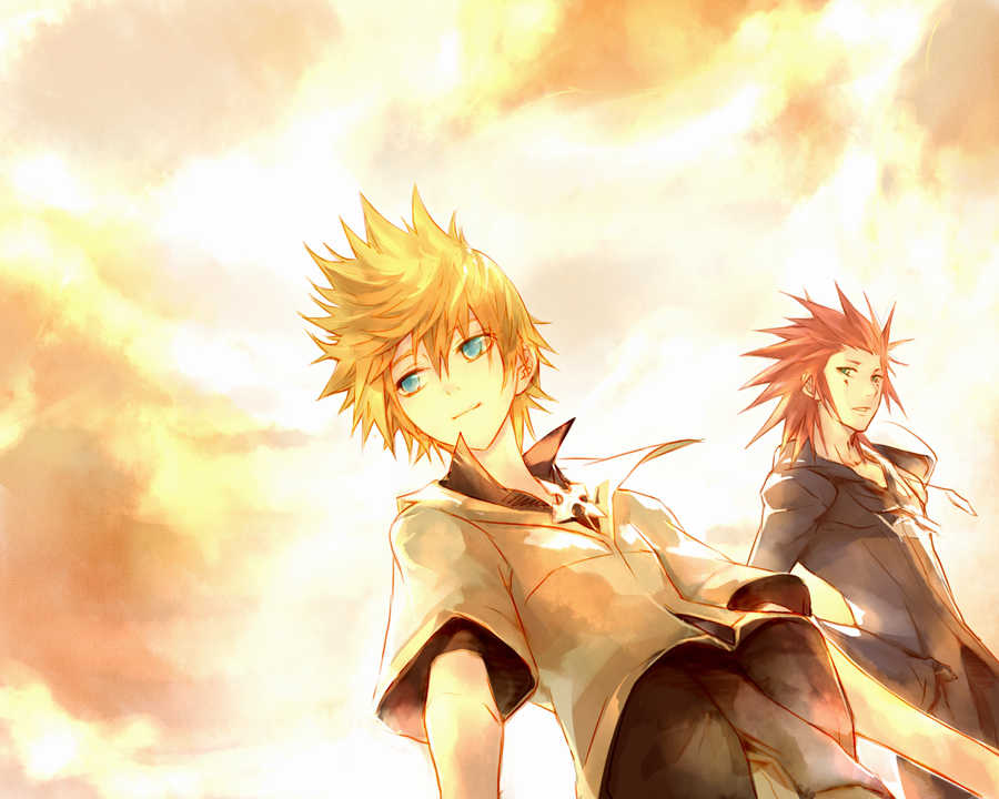 2boys, axel_(kingdom_hearts), black_coat_(kingdom_hearts), blue_eyes, closed_mouth, clouds, cloudy_sky, facial_mark, green_eyes, illbewaiting, kingdom_hearts, looking_at_another, looking_to_the_side, male_focus, medium_hair, multiple_boys, parted_lips, red_hair, roxas, shirt, short_hair, sky, spiky_hair, twilight