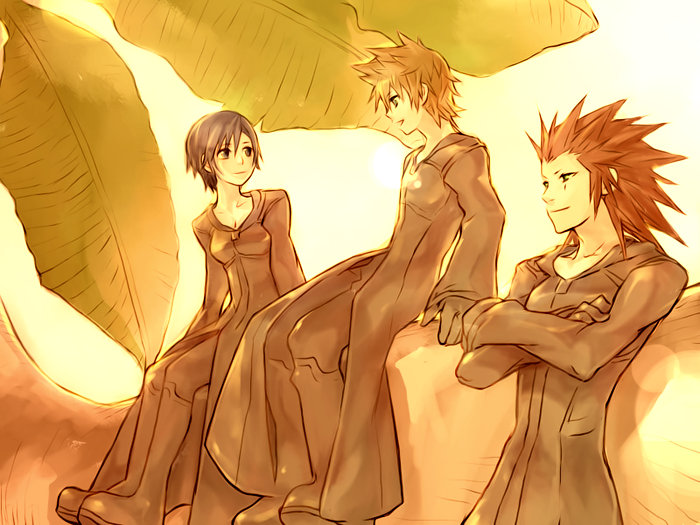 1girl, 2boys, axel_(kingdom_hearts), black_boots, black_coat_(kingdom_hearts), black_gloves, black_hair, blonde_hair, boots, closed_mouth, crossed_arms, english_commentary, facial_mark, gloves, illbewaiting, kingdom_hearts, leaf, looking_at_another, medium_hair, multiple_boys, open_mouth, red_hair, roxas, short_hair, smile, spiky_hair, tree, xion_(kingdom_hearts)