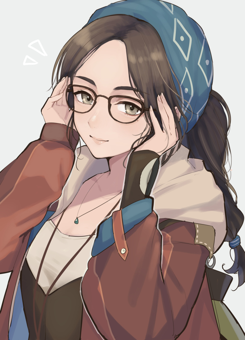 1girl, adjusting_eyewear, alma_(monster_hunter_wilds), brown_hair, brown_jacket, closed_mouth, commentary_request, grey_background
