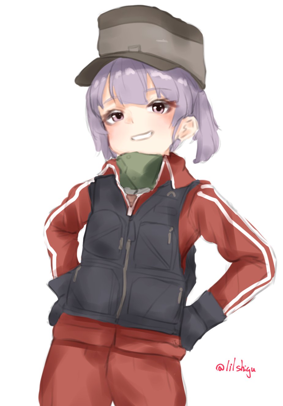 1girl, black_gloves, black_vest, cowboy_shot, gloves, grey_hair, grin, hands_on_own_hips