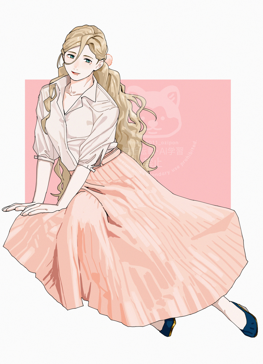 1girl, absurdres, blonde_hair, blue_eyes, collared_shirt, dress_shirt, highres, kantai_collection, long_hair, long_skirt, mole, mole_under_eye, mole_under_mouth, ojipon, pink_skirt, richelieu_(hinamatsuri)_(kancolle), richelieu_(kancolle), shirt, sitting, skirt, solo, wavy_hair, white_shirt, yokozuwari