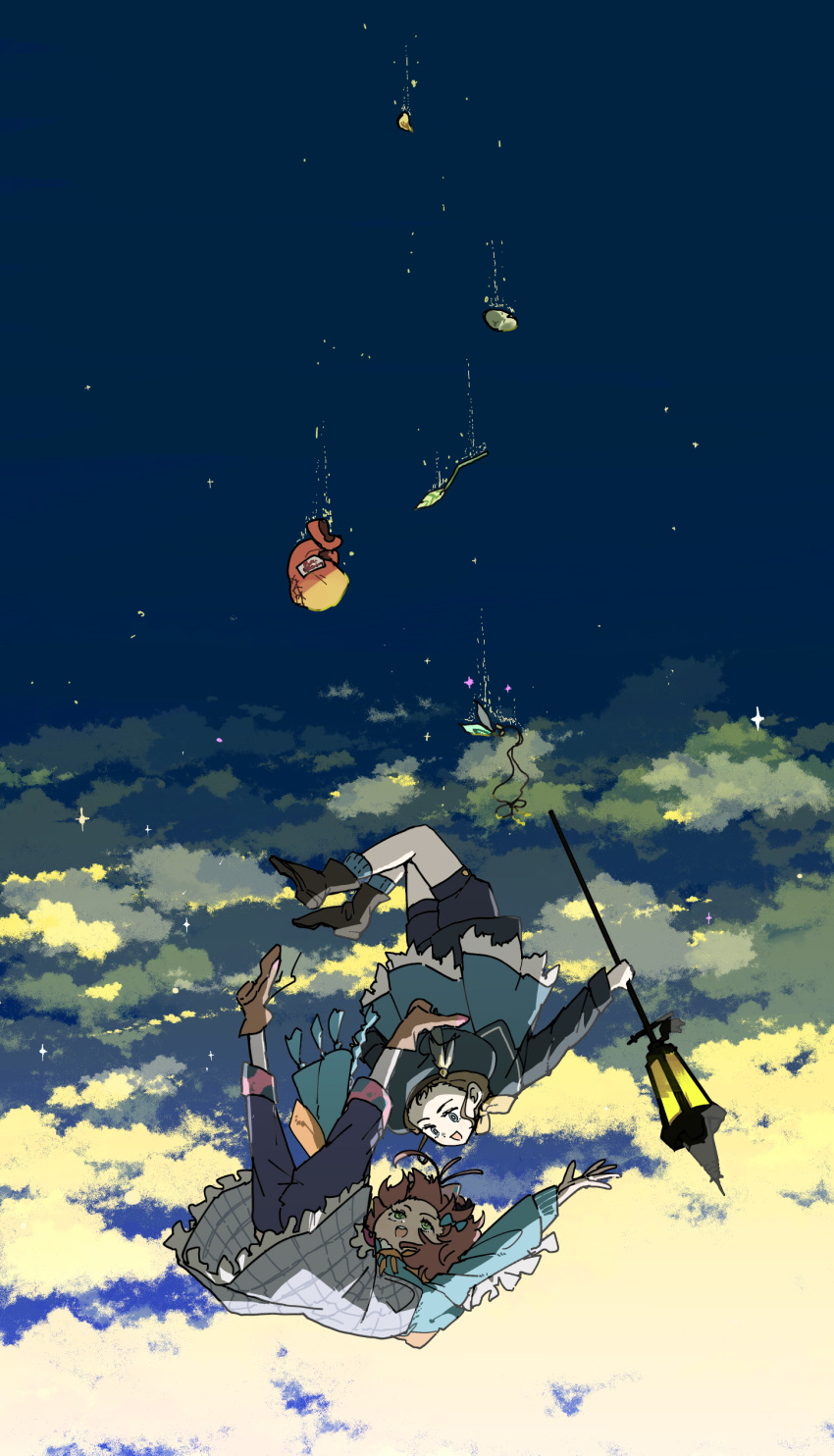 2girls, absurdres, blue_dress, blue_hat, blue_jacket, blue_pants, blue_scarf, blue_shorts, boots, bow, brown_boots, brown_hair, clouds, dress, falling, flutterpage, hair_bow, hat, highres, holding, jacket, lamplighter_(reverse:1999), lamppost, long_dress, midair, multiple_girls, orange_scarf, pants, pants_under_dress, reverse:1999, scarf, short_hair, shorts, sky, star_(sky), starry_sky, two-tone_scarf, upside-down, wide_shot, ziyunshanding