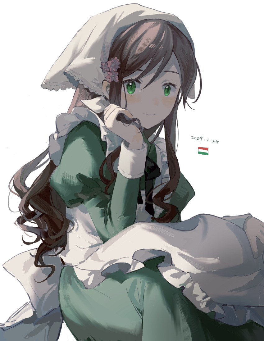 1girl, absurdres, adjusting_clothes, adjusting_headwear, apron, axis_powers_hetalia, brown_hair, dated