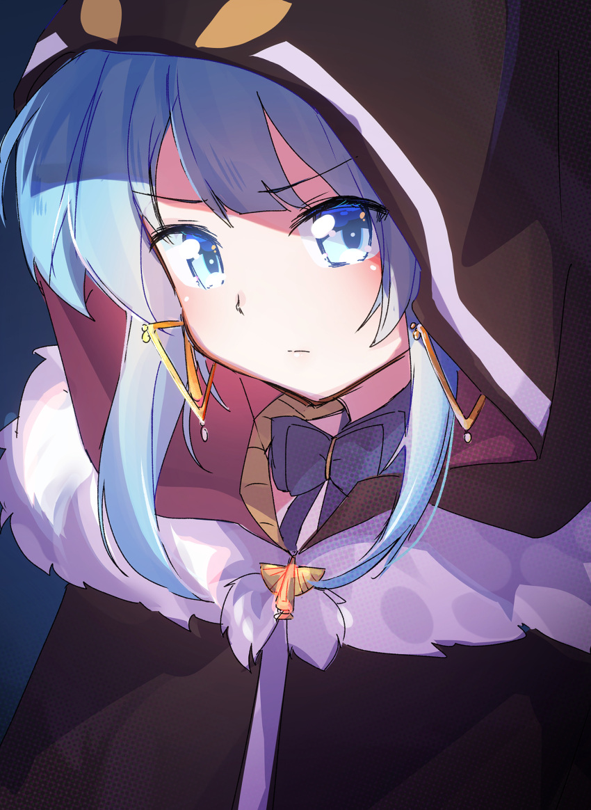 arusuko, black_cloak, blue_eyes, blue_hair, cloak, earrings, feather_(magia_record), feathered_cloak