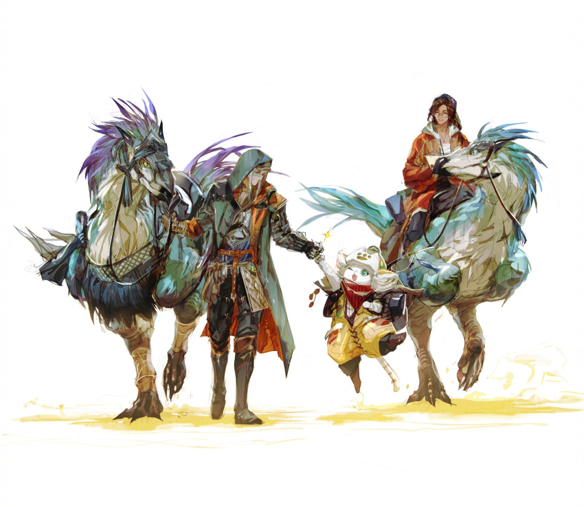 1boy, 1girl, alma_(monster_hunter_wilds), armor, bandana, bird, black-framed_eyewear, brown_hair