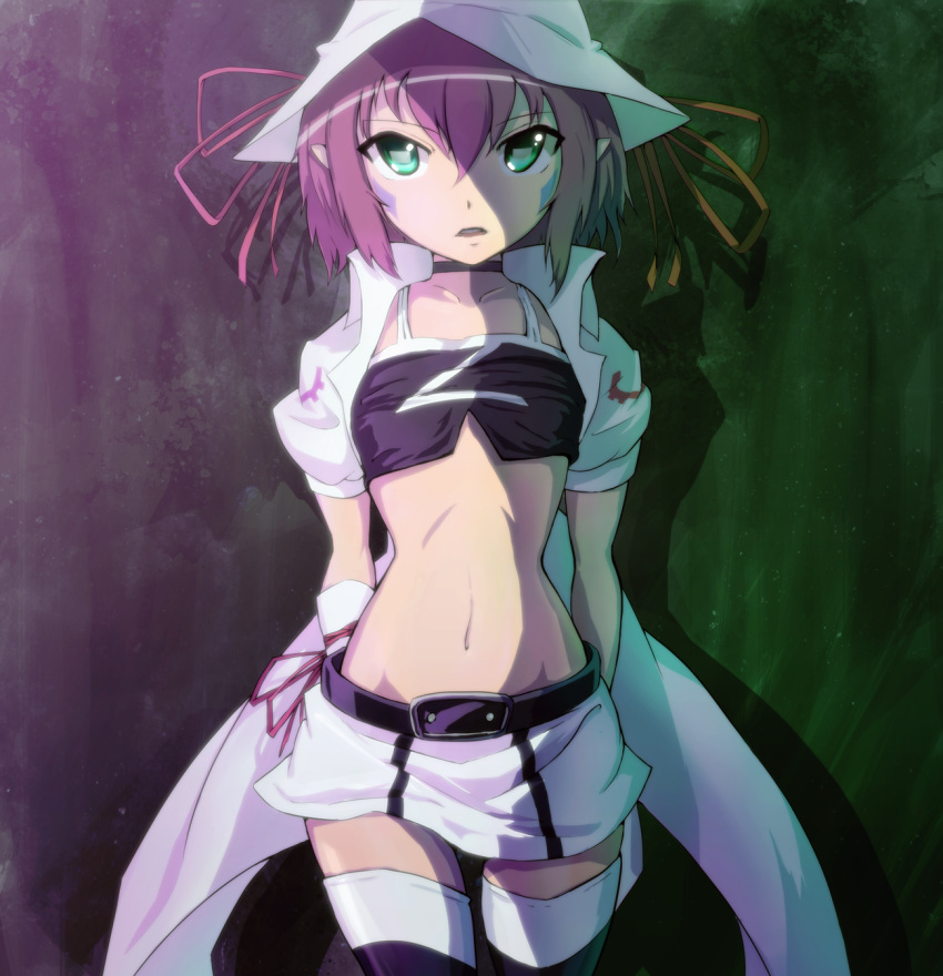 green_eyes, hat, highres, merry_nightmare, midriff, navel, pointy_ears, purple_hair, ribbon, short_hair, skirt, small_waist, solo, stds, striped, striped_legwear, striped_thighhighs, thigh-highs, thighhighs, yumekui_merry