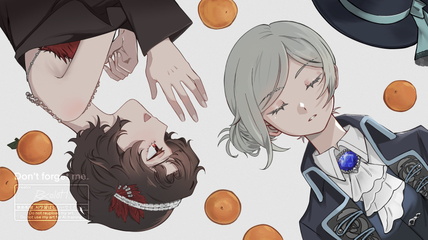 2girls, :d, absurdres, ascot, bare_shoulders, black_coat, black_hair, black_hat, closed_eyes, coat, collared_shirt, dress, dutch_angle, facing_viewer, feather_dress, feather_hair_ornament, feathers, food, fruit, grey_background, grey_hair, hair_bun, hair_ornament, hairband, hand_up, hat, highres, jewelry, looking_at_another, multiple_girls, necklace, off_shoulder, open_mouth, orange_(fruit), parted_lips, pearl_necklace, ratanan, red_dress, red_eyes, red_feathers, reverse:1999, rotational_symmetry, schneider_(reverse:1999), shirt, short_hair, single_side_bun, smile, unworn_hat, unworn_headwear, upper_body, vertin_(reverse:1999), watermark, white_ascot, white_hairband, white_shirt