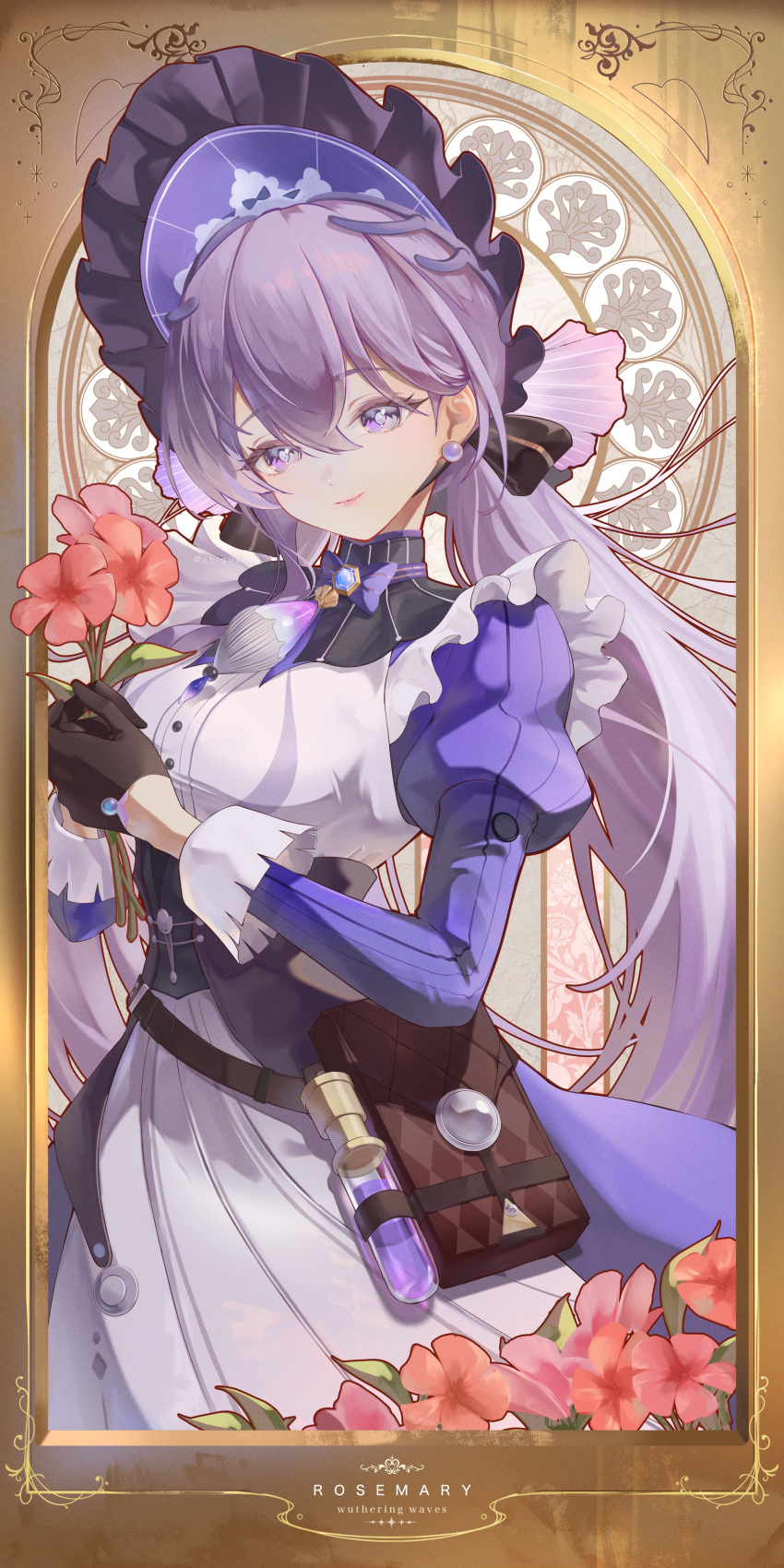 1girl, absurdres, apron, black_gloves, bonnet, character_name, chigusa7h, closed_mouth