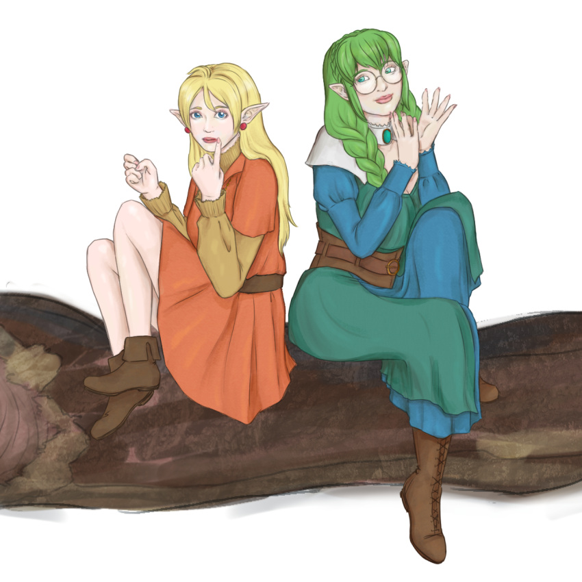 2girls, belt, blonde_hair, blue_dress, blue_eyes, boots, braid, breasts