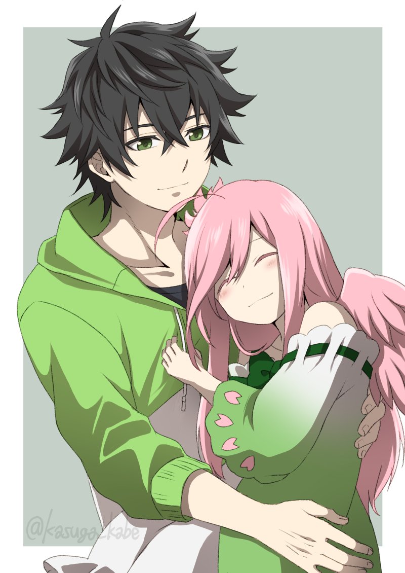 1boy, 1girl, black_hair, closed_eyes, dress, green_dress, green_eyes, hood