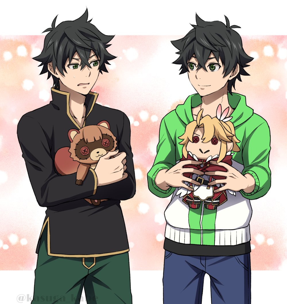 2boys, animal_ears, black_hair, blonde_hair, capelet, character_doll, cloak, doll