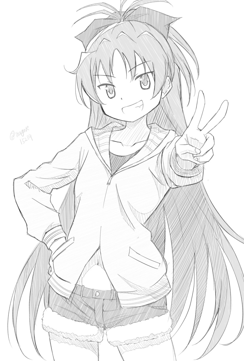 1girl, bow, denim, denim_shorts, greyscale, hair_bow, highres, long_hair