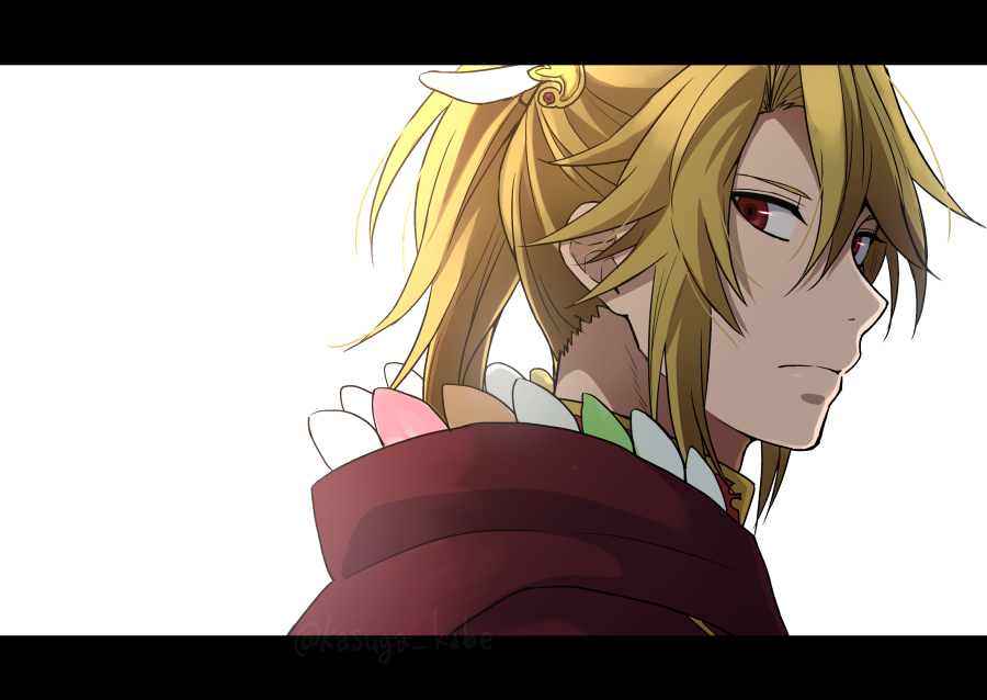 1boy, blonde_hair, capelet, cloak, feather-trimmed_capelet, hood, hooded_cloak, kasuga_kabe