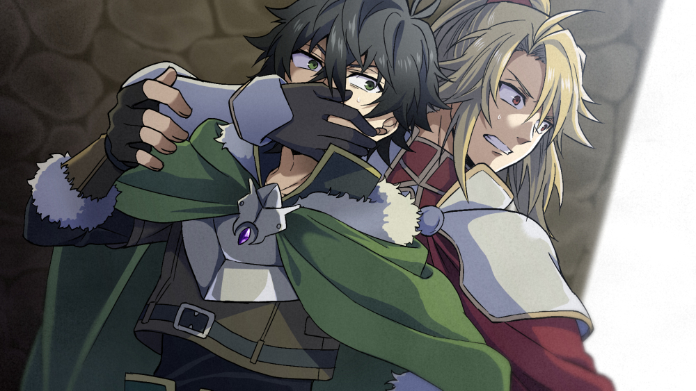 2boys, black_hair, blonde_hair, cape, cloak, covering_another's_mouth, gloves, green_cape