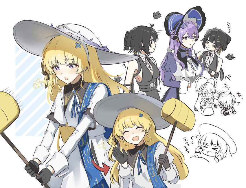 3girls, :d, :o, bare_shoulders, black_bow, black_collar, black_hair, blonde_hair