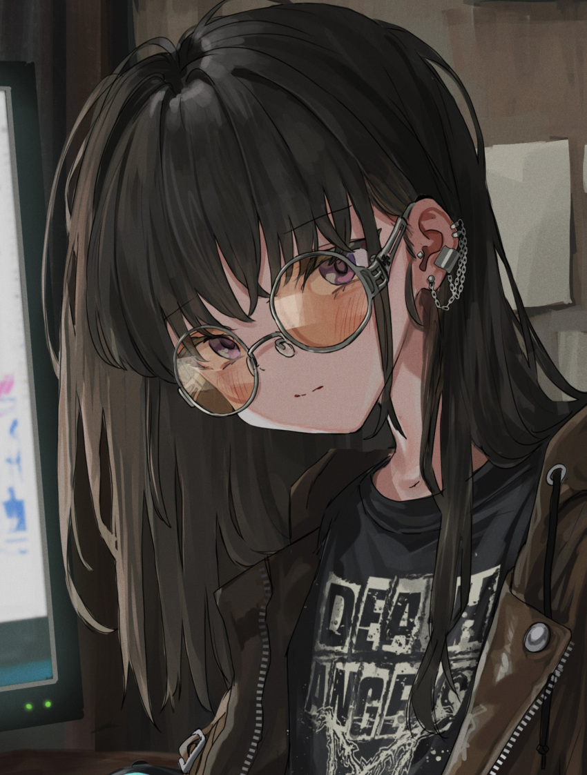 1girl, absurdres, black_hair, black_shirt, brown_jacket, closed_mouth, earpiece, gishiki_(gshk), glasses, head_tilt, highres, jacket, long_hair, looking_at_viewer, open_clothes, open_jacket, original, shirt, solo, violet_eyes