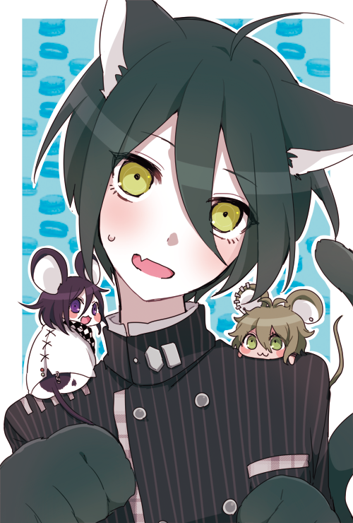 3boys, :3, ahoge, amami_rantaro, animal_ears, animal_hands, animalization, bishounen