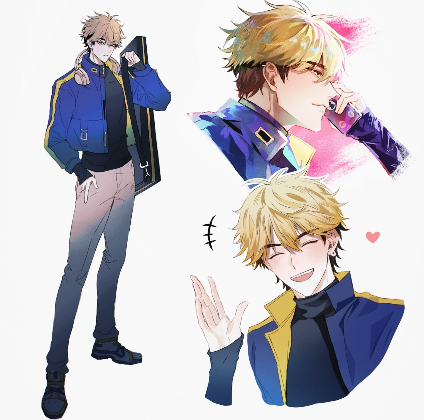 1boy, ^_^, black_hair, black_shirt, blonde_hair, blue_jacket, closed_eyes, dongfangyuechu701