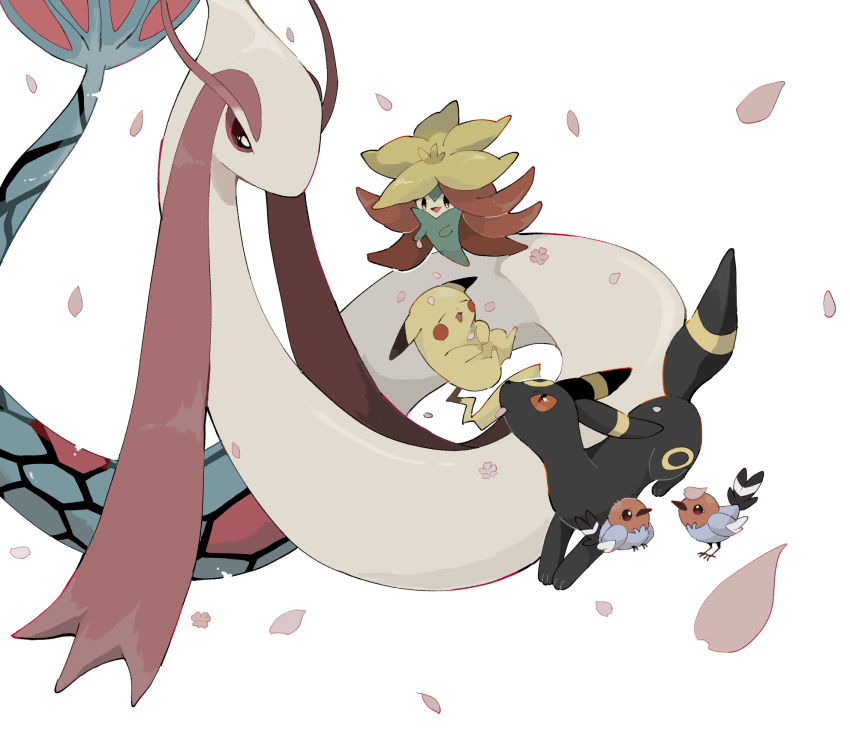 bird, closed_eyes, falling_petals, fletchling, gossifleur, highres, kurosuke_(krsk_8x8x), leaning_back