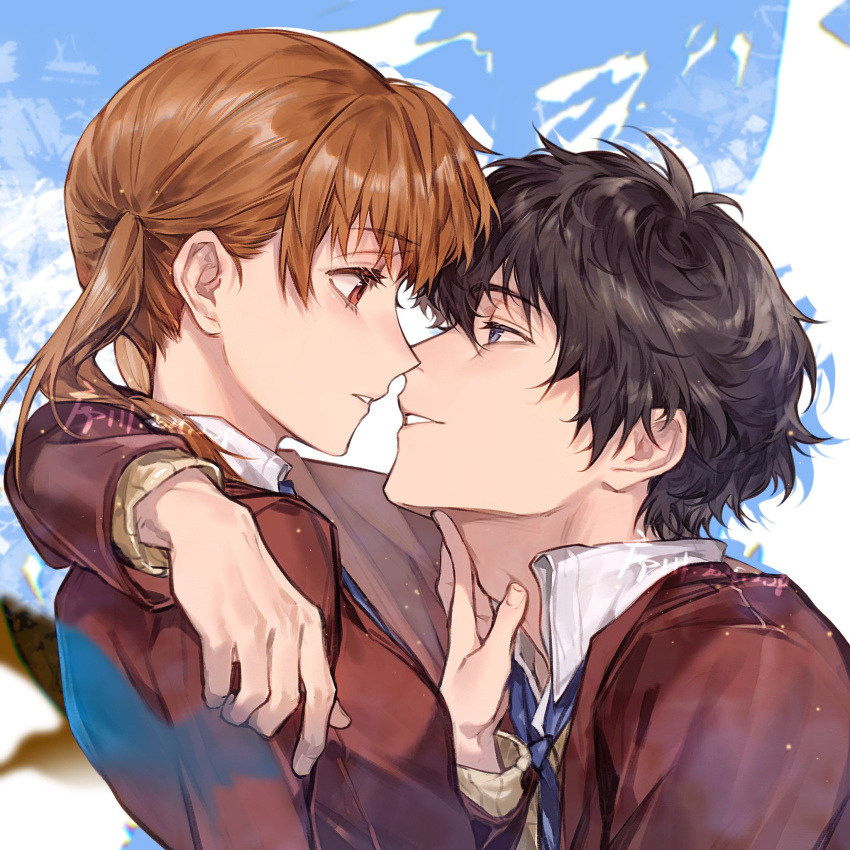 1boy, 1girl, arm_around_neck, artist_name, black_hair, brown_eyes, brown_hair, commentary