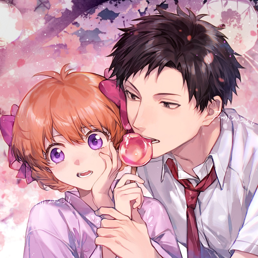 1boy, 1girl, artist_name, black_eyes, black_hair, blush, collared_shirt, commentary