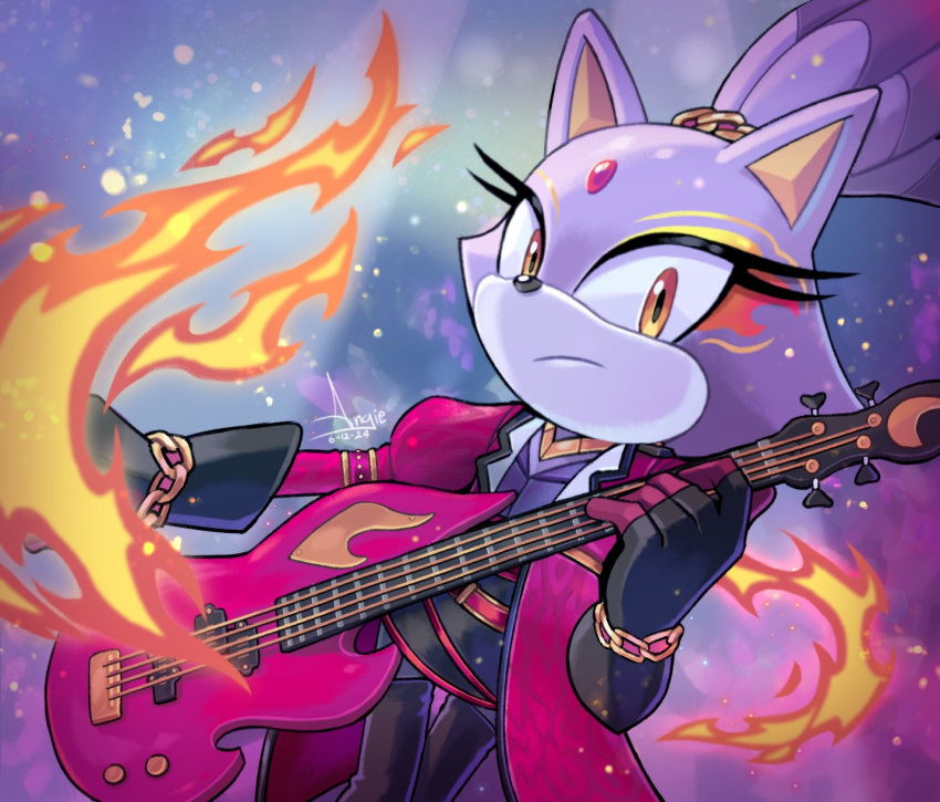 1girl, angiethecat, animal_ears, black_gloves, black_pants, blaze_the_cat, brown_eyes, cat_ears