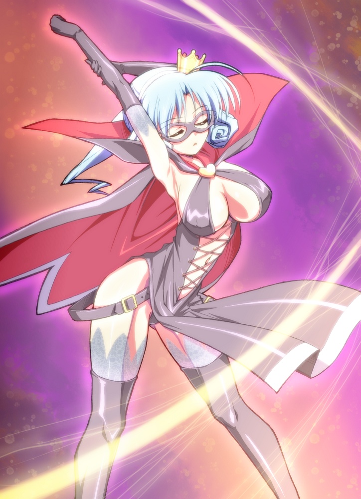 arsene, belt, blue_hair, breasts, cape, closed_eyes, crown, elbow_gloves