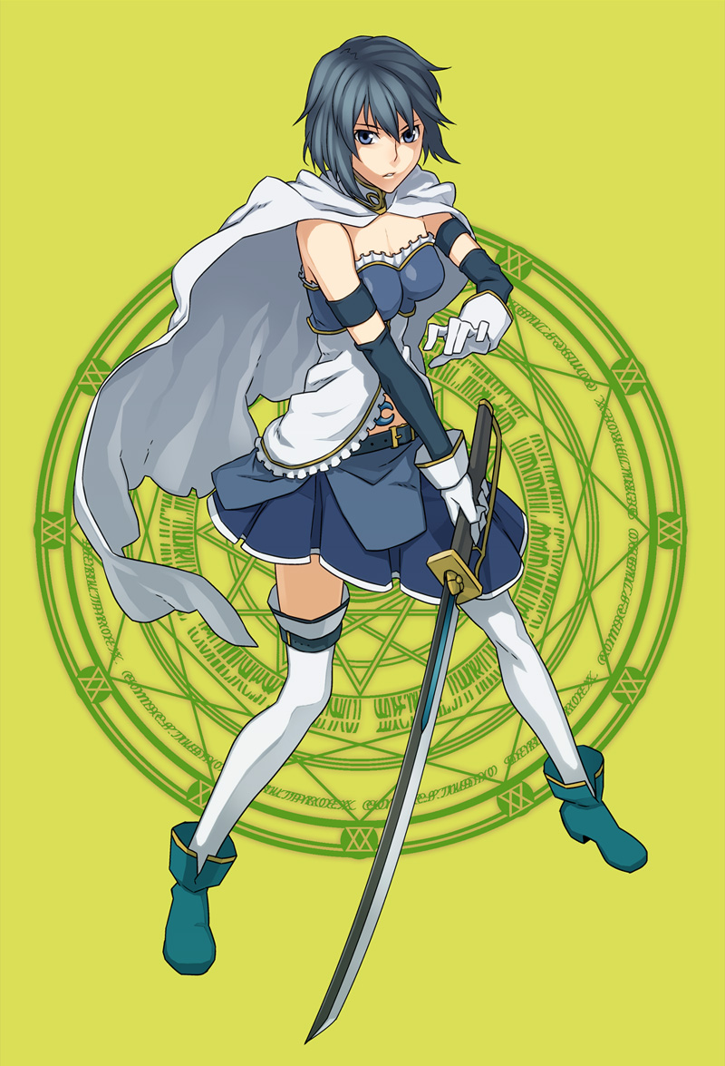 armband, belt, blue_eyes, blue_hair, breasts, cape, cleavage, crescent
