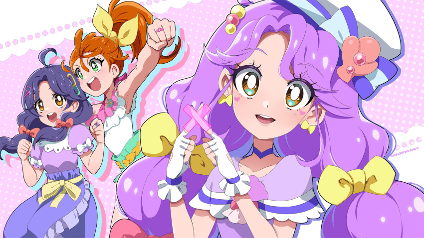 2girls, :d, ahoge, armpit_peek, bare_arms, belt, blush, bow